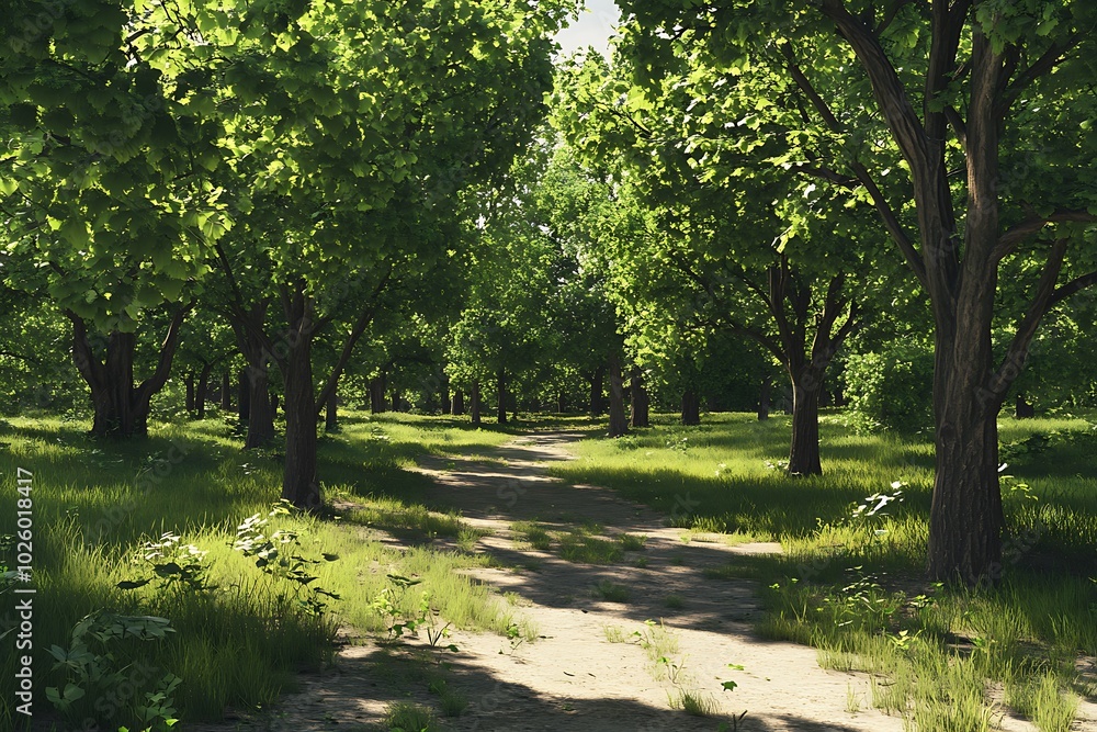 Lush green forest path surrounded by trees and grass. Lush green forest path surrounded by trees and grass.