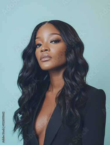 A black stunning woman rich dark skin with a long wavyhairstyle, her hair color is black, she is a hair weave model, her hair line is flawless with dramatic baby hairs photo