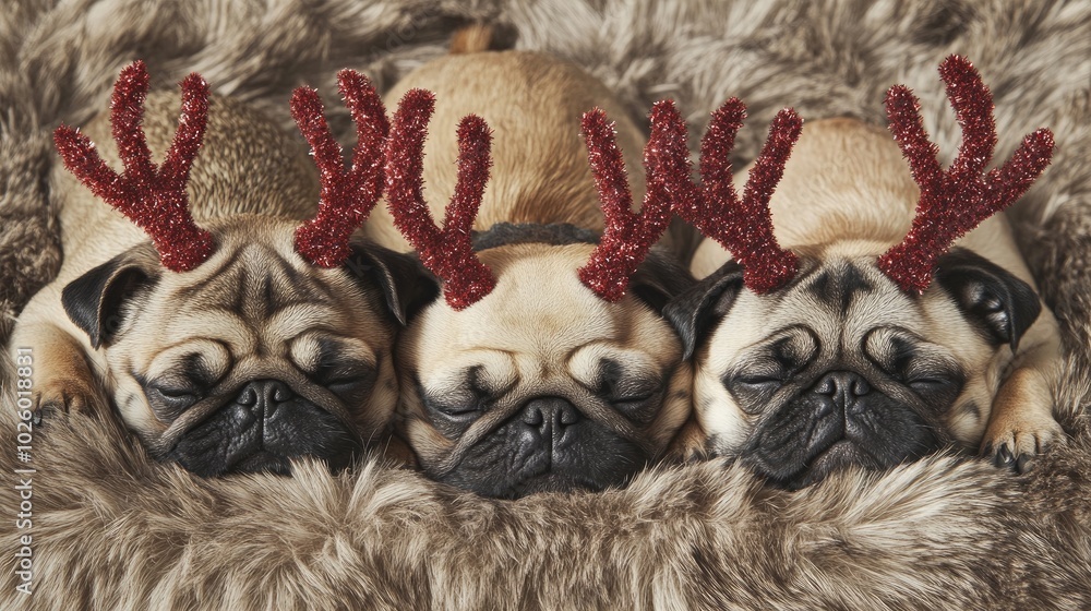 Three pugs in reindeer antlers lying on a luxurious fur floor, exuding the playful charm and warmth of the holiday season. Three pugs in reindeer antlers lying on a luxurious fur floor, exuding the playful charm and warmth of the holiday season.