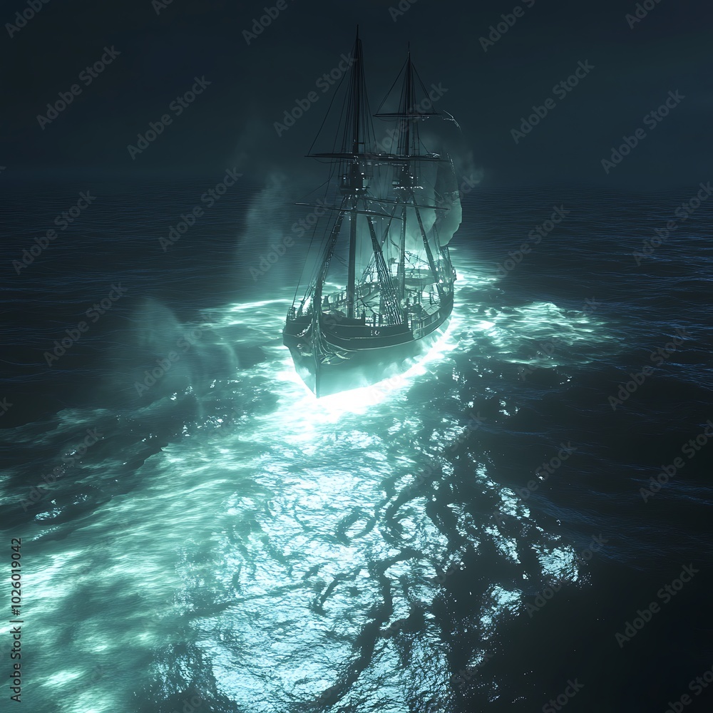 Obraz premium Mystical ship sailing through glowing ocean waters at night