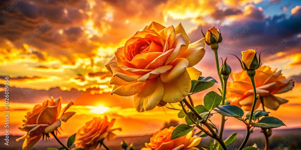 Obraz premium Stunning Yellow Rose Silhouettes Against a Vibrant Sunset Background for Floral Photography