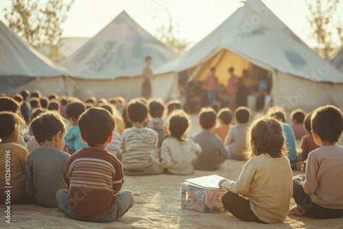 Children sitting outdoors in a crowded refugee camp, learning with basic school supplies, surrounded by tents and temporary shelters. Copy space
