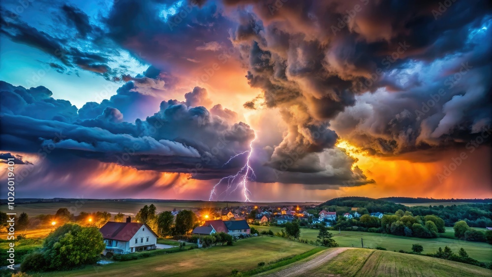 Dark skies gather over a serene village, as a thunderstorm brews. Lightning flickers above, blending nature's fury with the calm beauty of the landscape. Dark skies gather over a serene village, as a thunderstorm brews. Lightning flickers above, blending nature's fury with the calm beauty of the landscape.
