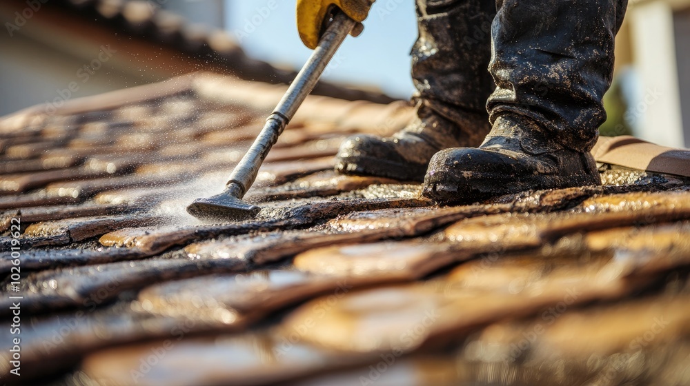 Worker scrubbing a rooftop with cleaning tools, captured in a close-up, focusing on the texture of roof tiles and the cleaning process. Worker scrubbing a rooftop with cleaning tools, captured in a close-up, focusing on the texture of roof tiles and the cleaning process.