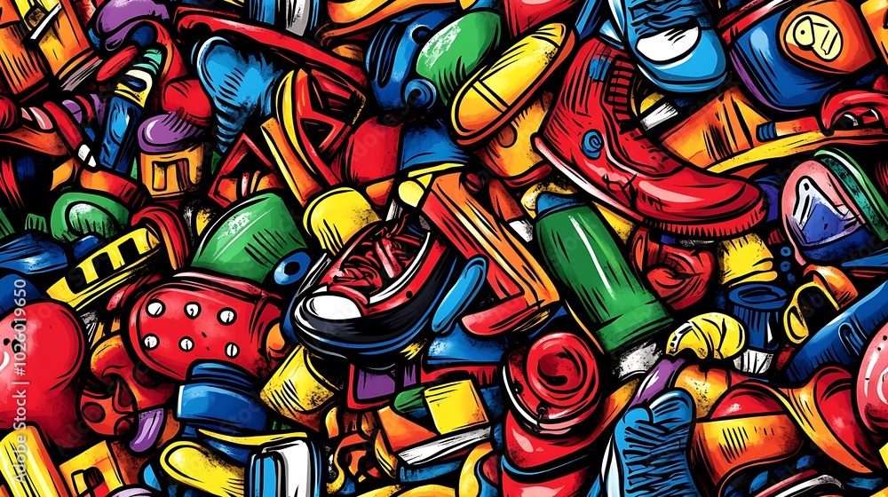 A colorful street art doodle pattern filled with graffiti tags, skateboards, boom boxes, and high-top sneakers, set against a city background with abstract urban elements, neon color accents, A colorful street art doodle pattern filled with graffiti tags, skateboards, boom boxes, and high-top sneakers, set against a city background with abstract urban elements, neon color accents,