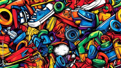 Wallpaper Mural A colorful street art doodle pattern filled with graffiti tags, skateboards, boom boxes, and high-top sneakers, set against a city background with abstract urban elements, neon color accents, Torontodigital.ca