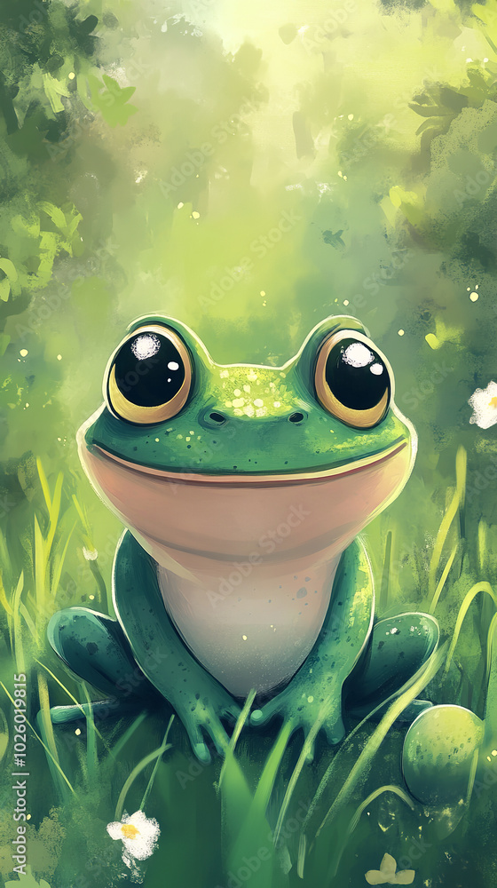 Cartoon-style illustration of a cute smiling frog sitting standing on the grass