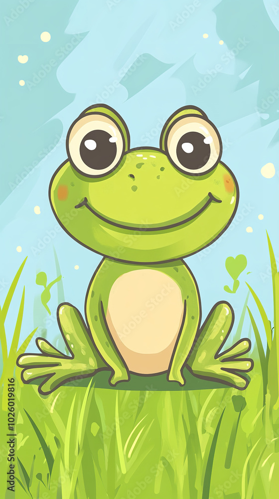 Cartoon-style illustration of a cute smiling frog sitting standing on the grass