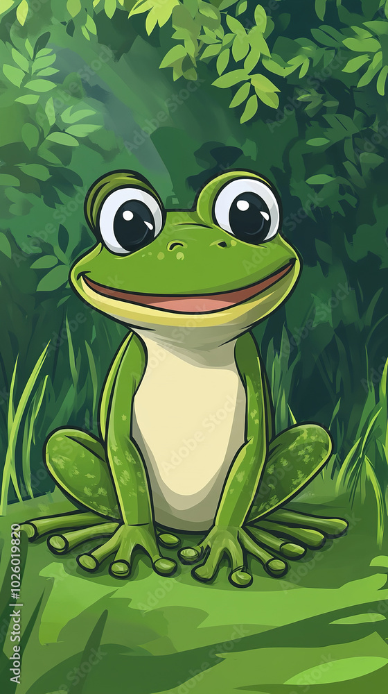 Cartoon-style illustration of a cute smiling frog sitting standing on the grass