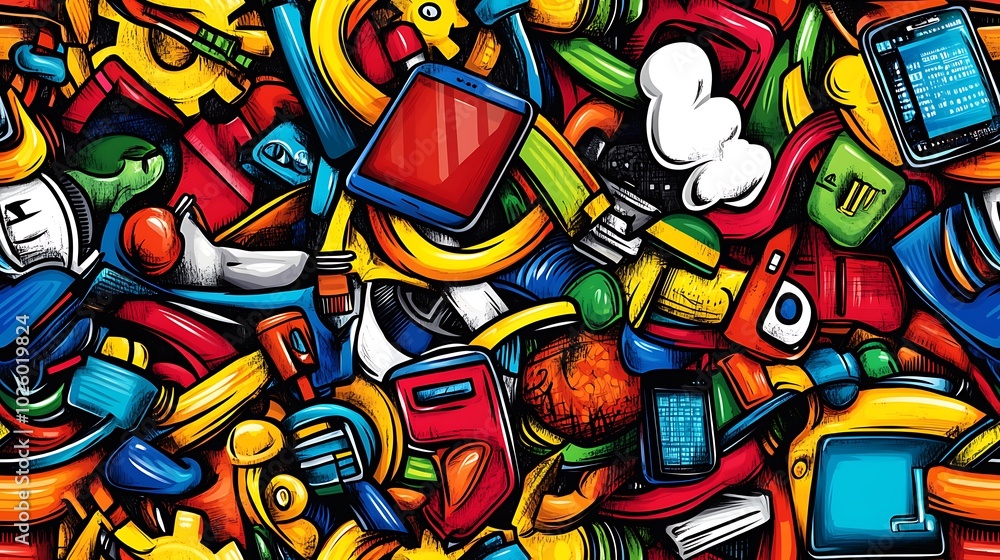 custom made wallpaper toronto digitalA colorful tech doodle pattern filled with laptops, smartphones, smartwatches, and servers, intertwined with gears, circuit lines, and cloud icons, set against a bright digital grid,