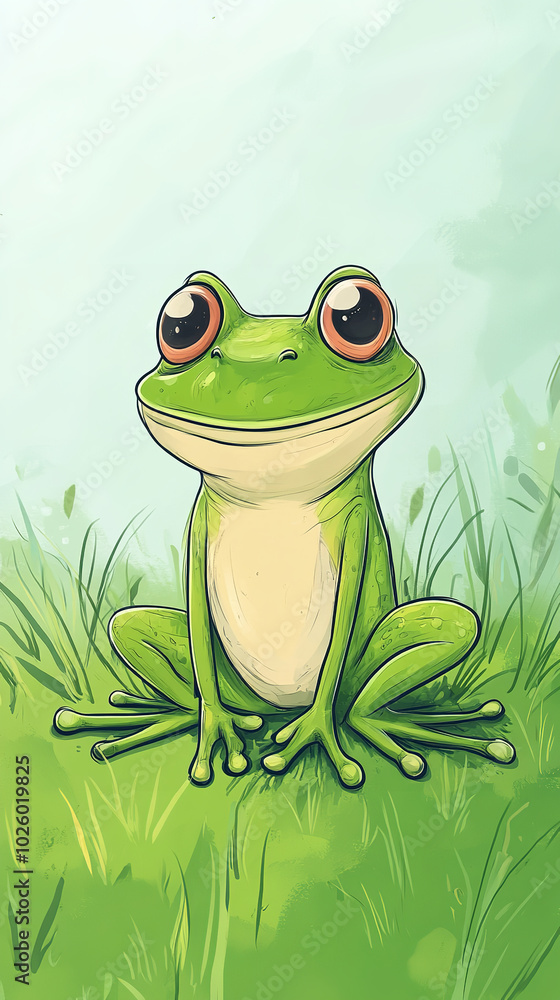 Cartoon-style illustration of a cute smiling frog sitting standing on the grass