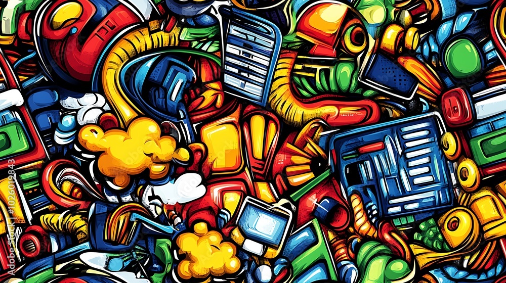 Obraz premium A colorful tech doodle pattern showcasing computers, servers, and smartphones with swirling lines of data, cloud icons, and gears, set against a bright digital background, vivid colors, hd quality,