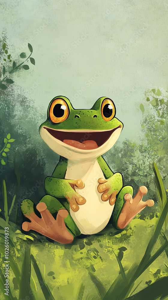 Cartoon-style illustration of a cute smiling frog sitting standing on the grass