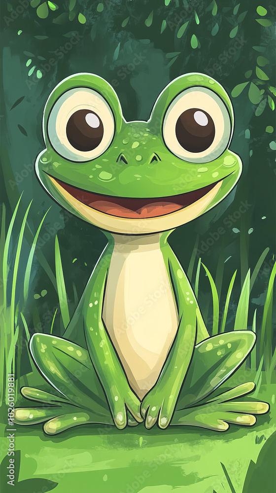 Cartoon-style illustration of a cute smiling frog sitting standing on the grass