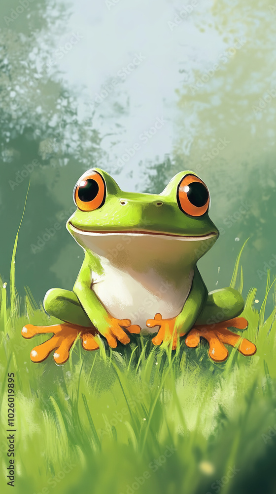Cartoon-style illustration of a cute smiling frog sitting standing on the grass
