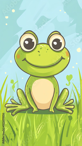 Obraz na płótnie Cartoon-style illustration of a cute smiling frog sitting standing on the grass w salonie