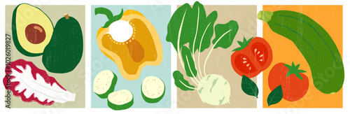 Vegetables vector Illustrations: lettuce, avocado, bell pepper, turnip, tomato, zucchini