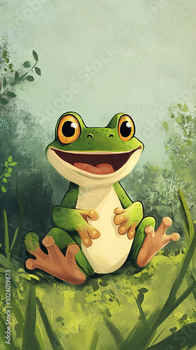 Obraz na płótnie Cartoon-style illustration of a cute smiling frog sitting standing on the grass w salonie