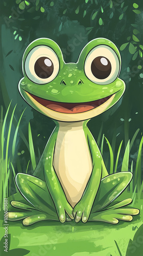 Obraz na płótnie Cartoon-style illustration of a cute smiling frog sitting standing on the grass w salonie
