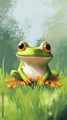 Obraz na płótnie Cartoon-style illustration of a cute smiling frog sitting standing on the grass w salonie