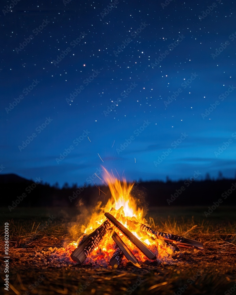 A glowing campfire with stars twinkling above, warm and inviting, night glowtime, outdoor adventure and serenity