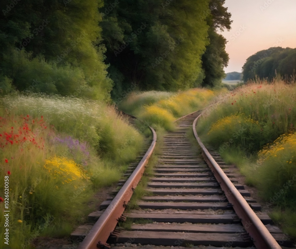 A serene scene of an abandoned railway track, surrounded by vibrant wildflowers and lush greenery, stretching into the horizon at sunset. The overgrown tracks evoke a peaceful sense of nature reclaimi A serene scene of an abandoned railway track, surrounded by vibrant wildflowers and lush greenery, stretching into the horizon at sunset. The overgrown tracks evoke a peaceful sense of nature reclaimi