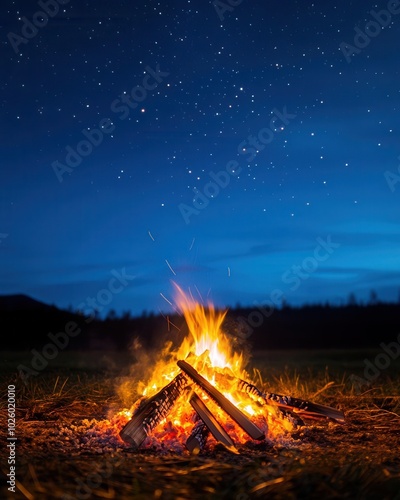 A glowing campfire with stars twinkling above, warm and inviting, night glowtime, outdoor adventure and serenity photo