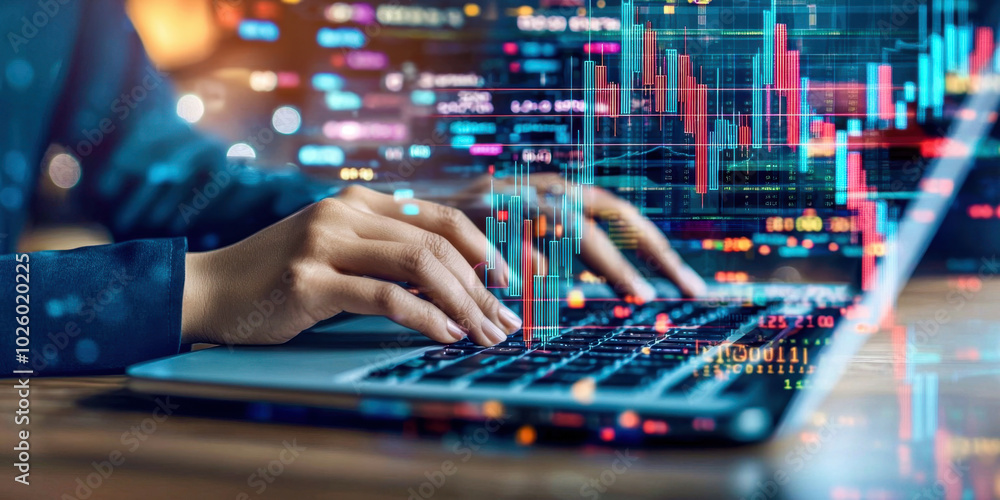 A person is typing on a laptop with a colorful background of graphs and numbers A person is typing on a laptop with a colorful background of graphs and numbers