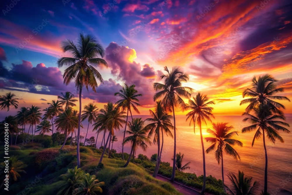 Sunset Over Tropical Landscape with Palm Trees - Tilt-Shift Photography Magic Sunset Over Tropical Landscape with Palm Trees - Tilt-Shift Photography Magic