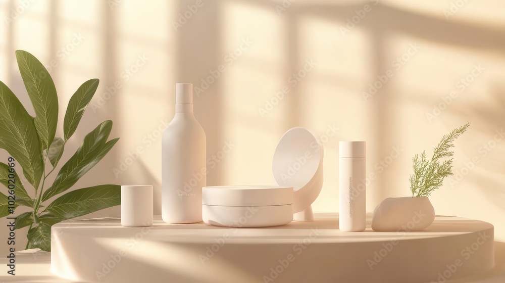 Health and beauty concept featuring natural cosmetics, plants, and serene lighting, fresh aesthetic Health and beauty concept featuring natural cosmetics, plants, and serene lighting, fresh aesthetic