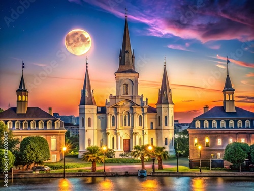 Sunset Over Saint Louis Cathedral and Cabildo in New Orleans, Louisiana
