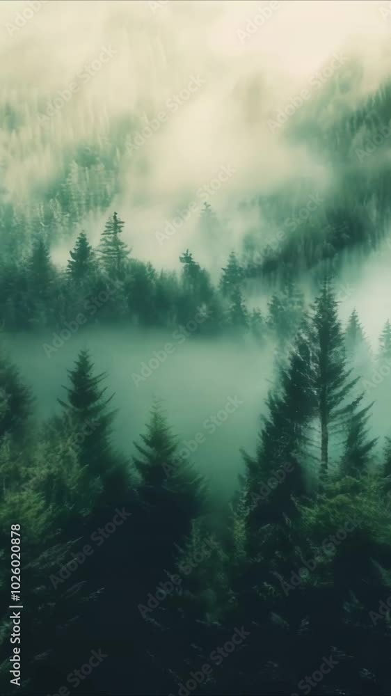 Mysterious Foggy Forest Landscape with Towering Fir Trees and Dense Mist in the Woodland, Early Morning, 4K Video Footage Mysterious Foggy Forest Landscape with Towering Fir Trees and Dense Mist in the Woodland, Early Morning, 4K Video Footage