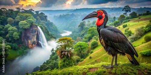 Surreal Abyssinian Ground Hornbill with Prey in Murchison Falls National Park, Uganda photo