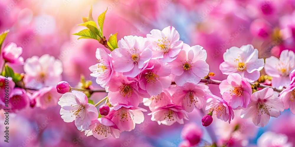 Obraz premium Delicate cherry blossoms bloom against a gentle pink backdrop, embodying the beauty of springtime and evoking a sense of tranquility and renewal in natureâ€™s artistry.