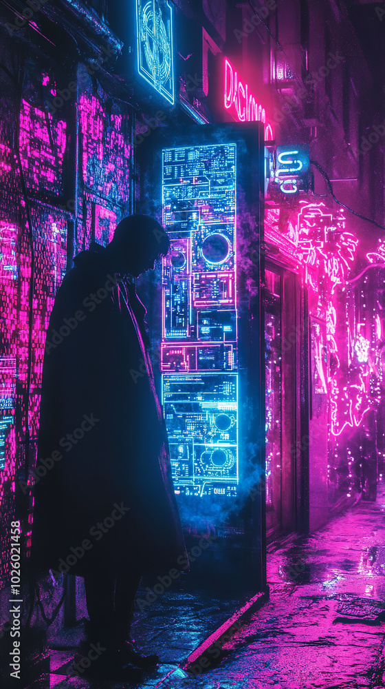 One image shows a figure emerging from the front of a techno storefront with a neon street in the background One image shows a figure emerging from the front of a techno storefront with a neon street in the background