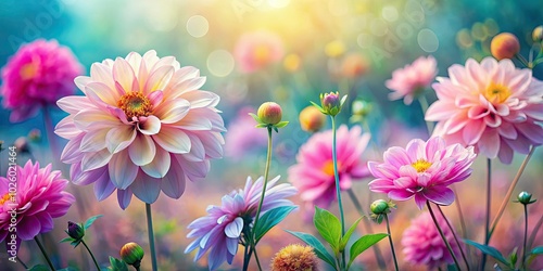 Delicate pastel floral arrangements showcase a soft watercolor texture, set against an artfully blurred background that enhances the overall beauty and dreamy ambiance.