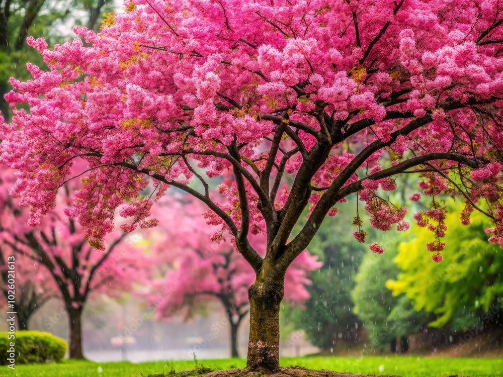Delicate pink blossoms adorn trees, gently swaying in the soft rainfall, creating a tranquil backdrop that captures the essence of spring's serene beauty. Delicate pink blossoms adorn trees, gently swaying in the soft rainfall, creating a tranquil backdrop that captures the essence of spring's serene beauty.