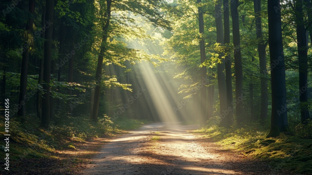 Fototapeta premium Sunbeams Illuminating a Path Through a Lush Forest