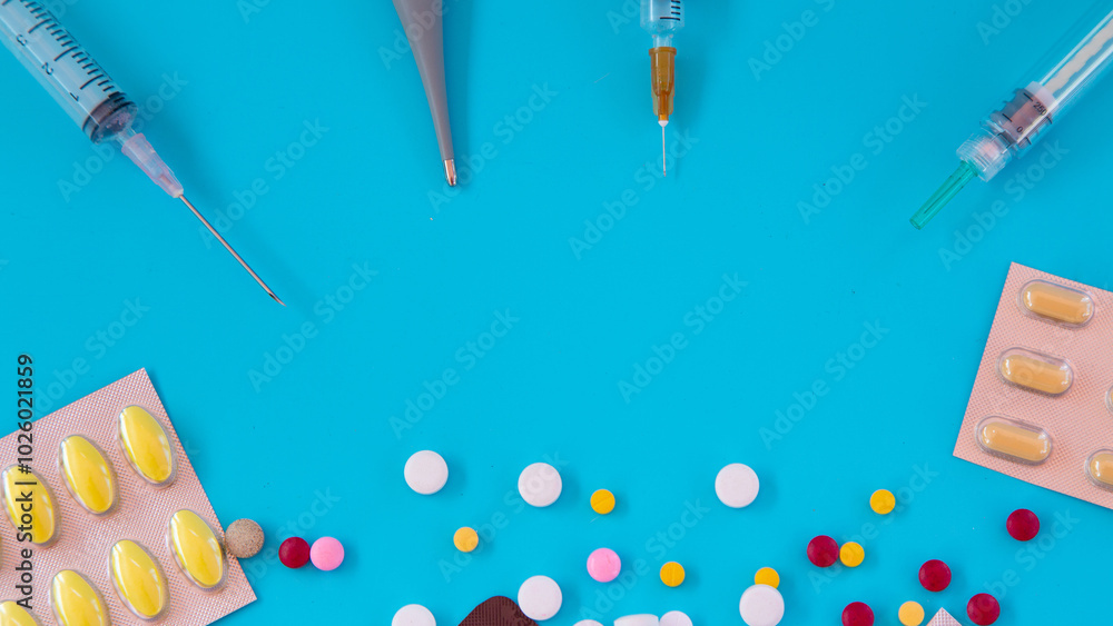 Colorful pills scattered on a blue background with medical equipment, syringes, thermometer. concept for Health insurance, Medical science, Pharmaceutical, Pharmacy, Medicine treatment. Colorful pills scattered on a blue background with medical equipment, syringes, thermometer. concept for Health insurance, Medical science, Pharmaceutical, Pharmacy, Medicine treatment.