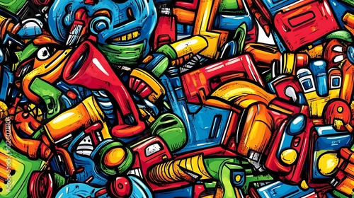 Wallpaper Mural A dynamic tech collage doodle pattern showcasing computers, smartphones, and gadgets, intertwined with robotic elements, gears, and digital patterns, set against a bright neon grid background, Torontodigital.ca