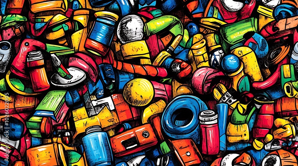 A dynamic urban doodle pattern featuring graffiti spray cans, skateboards, boom boxes, and streetwear elements, set against a backdrop of brick walls covered in street art, bright neon tones, A dynamic urban doodle pattern featuring graffiti spray cans, skateboards, boom boxes, and streetwear elements, set against a backdrop of brick walls covered in street art, bright neon tones,