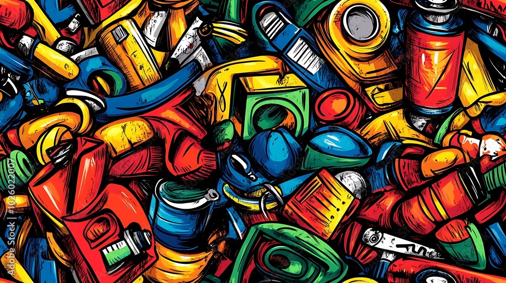 Obraz premium A dynamic urban doodle pattern featuring graffiti spray cans, skateboards, boom boxes, and streetwear elements, set against a backdrop of brick walls covered in street art, bright neon tones,