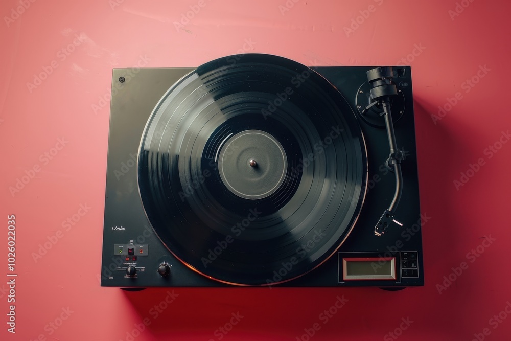 Obraz premium Turntable playing a vinyl record on a vibrant red background during a cozy evening