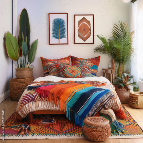 Vibrant bohemian bedroom with colorful textiles and lush greenery in a cozy retreat