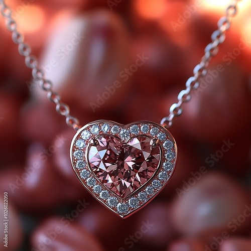 Heartinspired diamond necklace glistening under warm light displayed a perfect Valentine's Day gift Set against a backdrop of soft red and pink hues evoking a sense of elegance and love photo