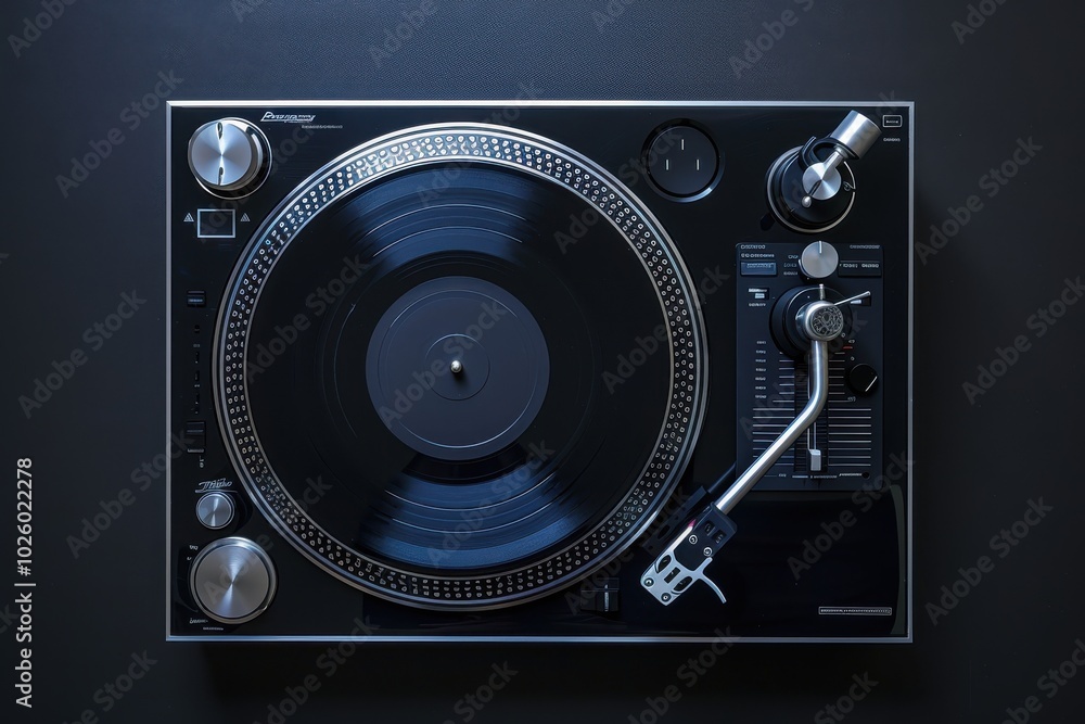 Fototapeta premium Turntable playing vinyl record in a dimly lit room at night