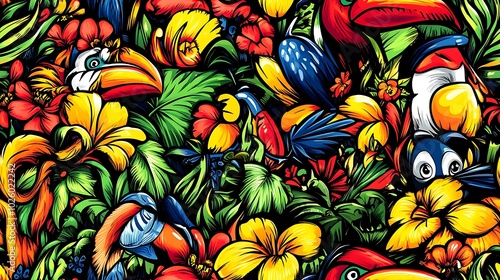A jungle adventure doodle pattern showcasing tigers, monkeys, toucans, and vibrant tropical foliage, surrounded by swirling vines and bright flowers, set against a dense jungle background,
