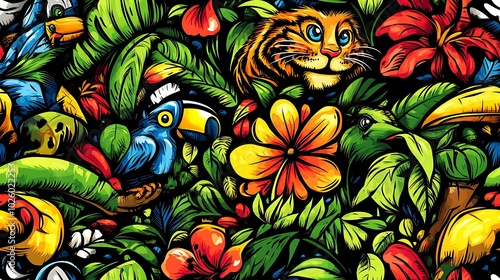 A jungle adventure-themed doodle pattern showcasing tigers, monkeys, toucans, and tropical leaves intertwined with vines and exotic flowers, set against a lush forest background, warm and vivid tones,