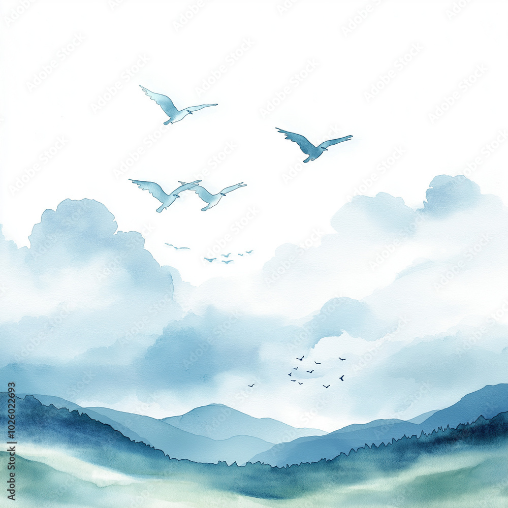 A watercolor landscape featuring soft clouds and birds soaring in the sky, creating a peaceful atmosphere, isolated on white background A watercolor landscape featuring soft clouds and birds soaring in the sky, creating a peaceful atmosphere, isolated on white background