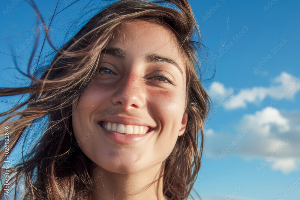 Close-up of a smiling woman with windblown hair against a clear blue sky. Close-up of a smiling woman with windblown hair against a clear blue sky.